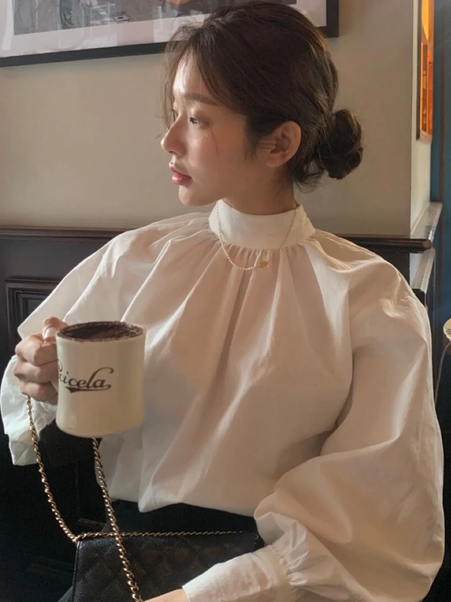 Faionable Loose Women's White irt High Collar Long Sve Корейский Sle Bubble Sve Теплый топ для ранней осени
Faionable Loose Women's White irt High Collar Long Sve Корейский Sle Bubble Sve Теплый топ для ранней осени