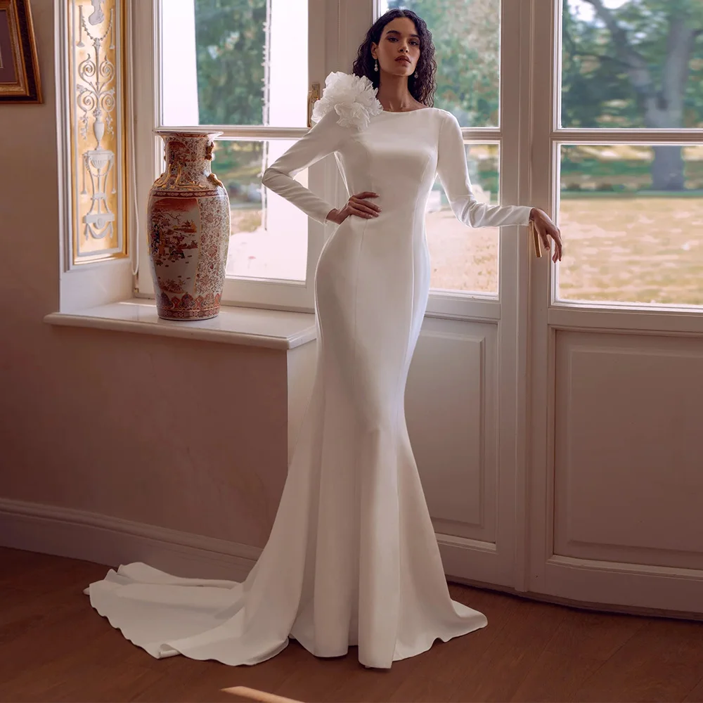 Pure Color Jersey Mermaid Wedding Dress Customized Court Train O Neck Flowers Bridal Gowns with Long Sleeves and Open Back
Pure Color Jersey Mermaid Wedding Dress Customized Court Train O Neck Flowers Bridal Gowns with Long Sleeves and Open Back