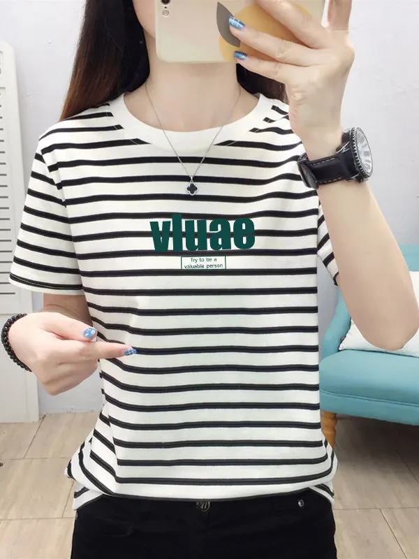 Women's Striped Short Sleeve T-Shirt Loose Fit round Neck plus Size Summer Fashionable Slimming Mom Clothes Casual Cotton Blend
Women's Striped Short Sleeve T-Shirt Loose Fit round Neck plus Size Summer Fashionable Slimming Mom Clothes Casual Cotton Blend