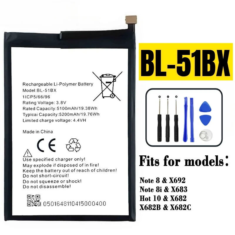 Suitable for Transsion X692/NOTE 8/X683/HOT 10/NOTE 8i/X682/battery BL-51BX mobile phone battery, free tool 3.8V 5200mAh
Suitable for Transsion X692/NOTE 8/X683/HOT 10/NOTE 8i/X682/battery BL-51BX mobile phone battery, free tool 3.8V 5200mAh
