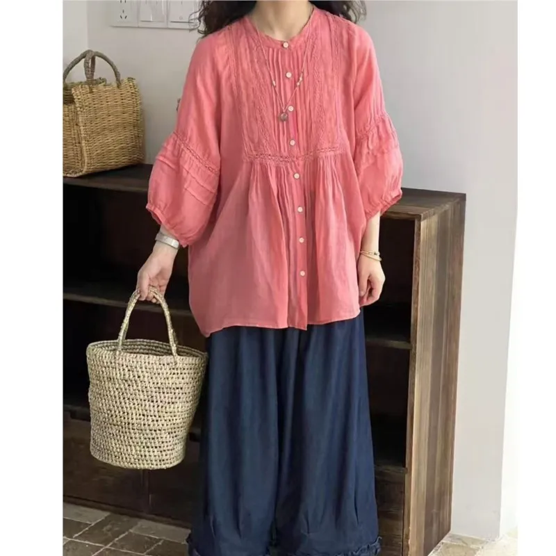 Johnature New Ramie 2025 Summer Vintage Lace Loose Crew Neck Shirt Women Casual Thin Simple Women Tops
Johnature New Ramie 2025 Summer Vintage Lace Loose Crew Neck Shirt Women Casual Thin Simple Women Tops