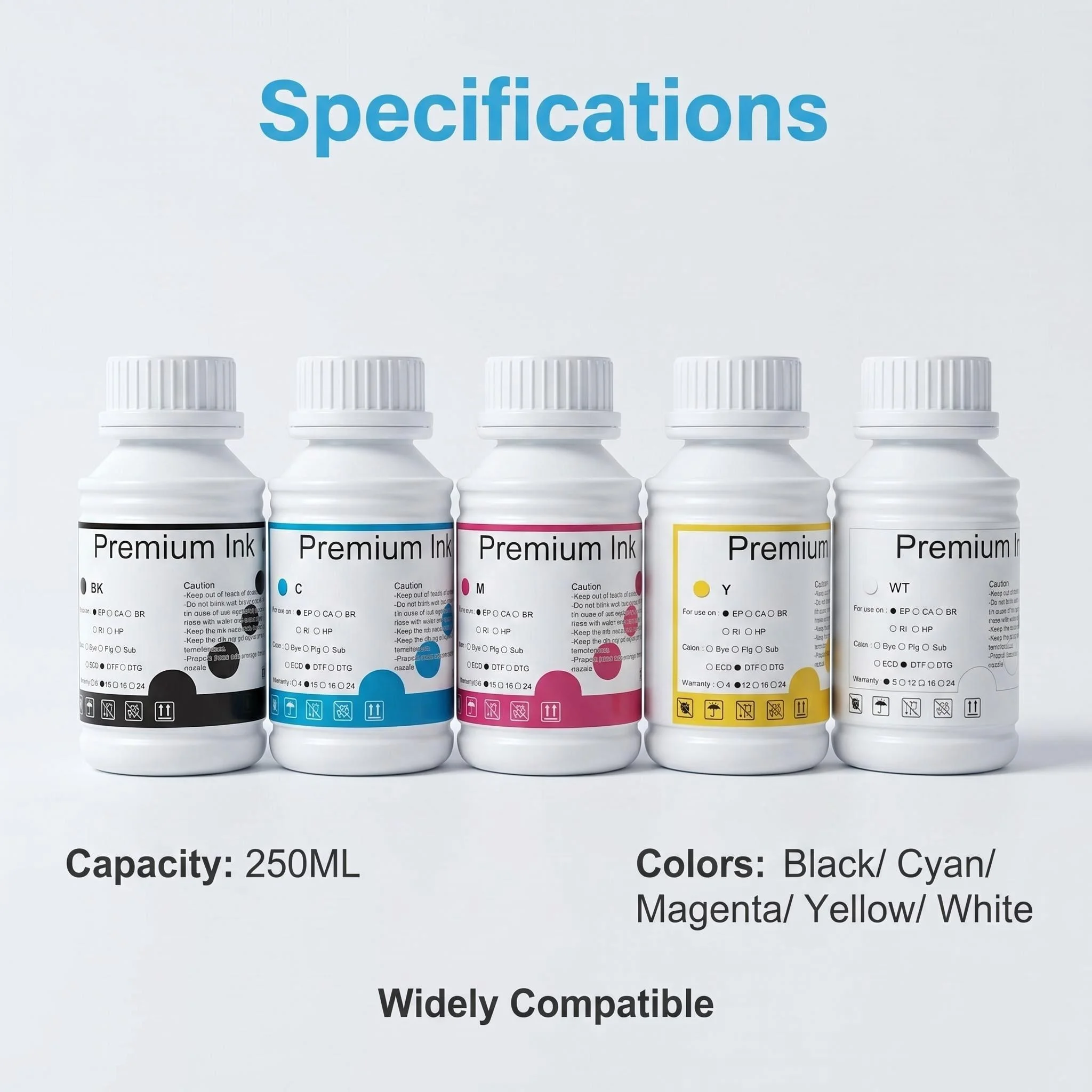 250ML DTF ink kit for direct transfer film for PET film DTF ink all desktop & large format DTF printer 1BK 1C 1M 1Y 1WH
250ML DTF ink kit for direct transfer film for PET film DTF ink all desktop & large format DTF printer 1BK 1C 1M 1Y 1WH