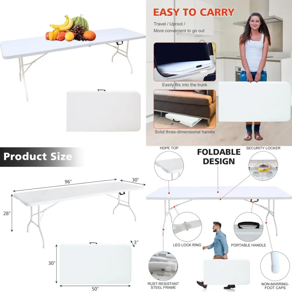 Sturdy 8-Foot Plastic Folding Table with Built-in Carry Handle for Easy Transport and Utility Use
Sturdy 8-Foot Plastic Folding Table with Built-in Carry Handle for Easy Transport and Utility Use