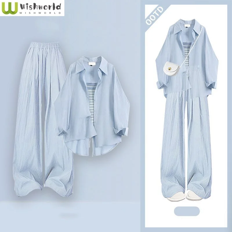 Summer New Sunscreen Chiffon Shirt Striped Vest Casual Wide Leg Pants Two-piece Set Elegant Women's Pants Set
Summer New Sunscreen Chiffon Shirt Striped Vest Casual Wide Leg Pants Two-piece Set Elegant Women's Pants Set