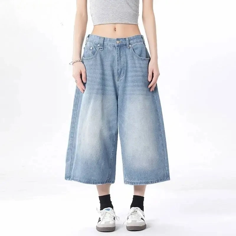 Wahsed Light Blue Wome's Denim Shorts Trendy High Street Loose Casual Summer Wide Leg Cropped Knee Length Pants9X3634
Wahsed Light Blue Wome's Denim Shorts Trendy High Street Loose Casual Summer Wide Leg Cropped Knee Length Pants9X3634