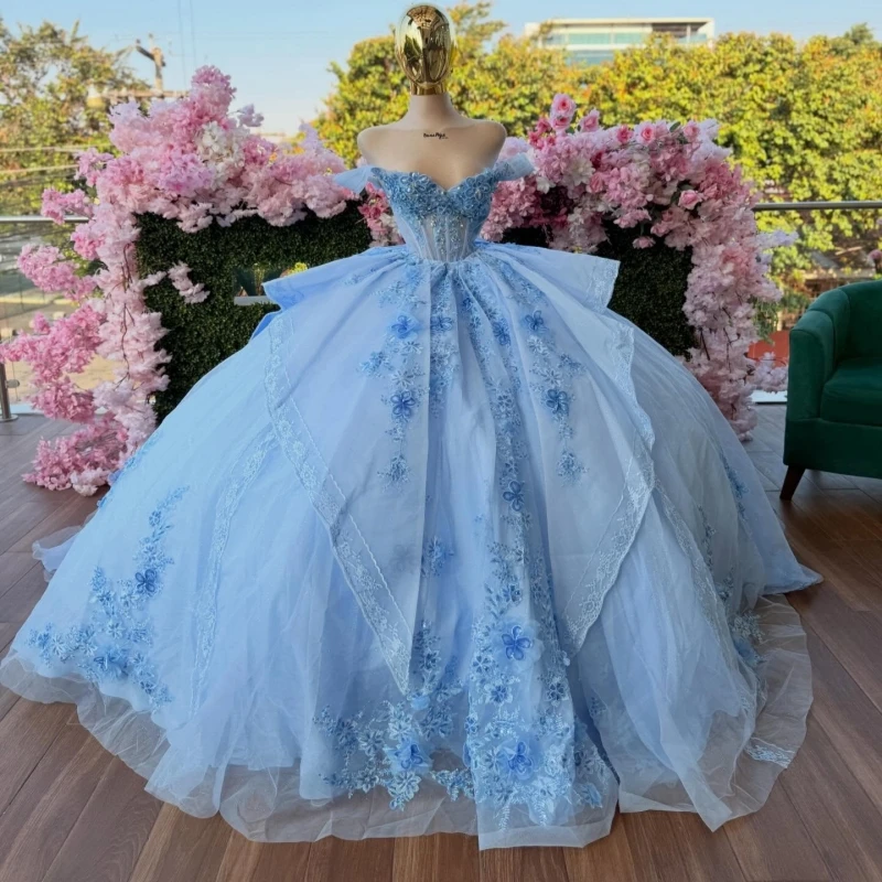 Sky Blue Shiny Ball Gown Quinceanera Dresses Applique Beading Crystal Bow Tull Corset Off Shoulder Sweet 16 Dress vestidos 15
Sky Blue Shiny Ball Gown Quinceanera Dresses Applique Beading Crystal Bow Tull Corset Off Shoulder Sweet 16 Dress vestidos 15