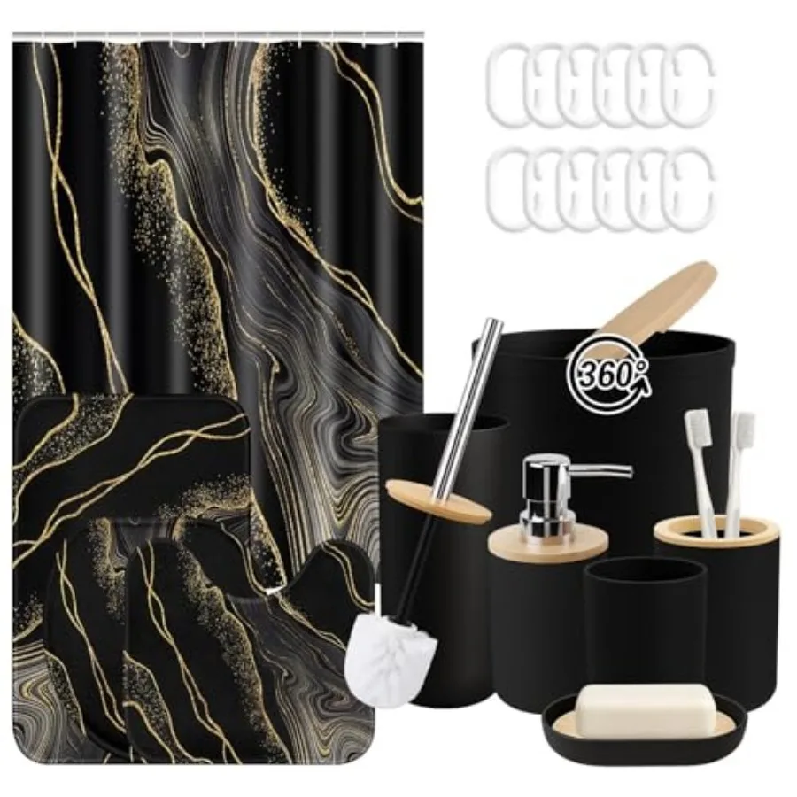 Black Bathroom Decor and Accessories Set, Shower Curtain and Rug Set with Trash Can, Soap Dispenser, Soap Dish, Toothbrush Hold
Black Bathroom Decor and Accessories Set, Shower Curtain and Rug Set with Trash Can, Soap Dispenser, Soap Dish, Toothbrush Hold
