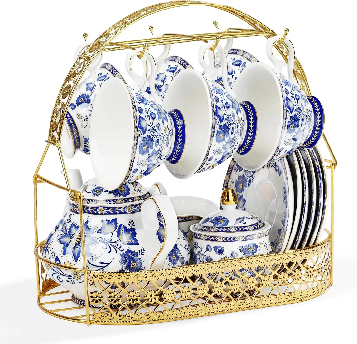 Porcelain Tea Sets, Blue British Coffee Cups & Saucer Service for 6, with Teapot, Sugar Bowl, Creamer Pitcher and Golden Metal
Porcelain Tea Sets, Blue British Coffee Cups & Saucer Service for 6, with Teapot, Sugar Bowl, Creamer Pitcher and Golden Metal