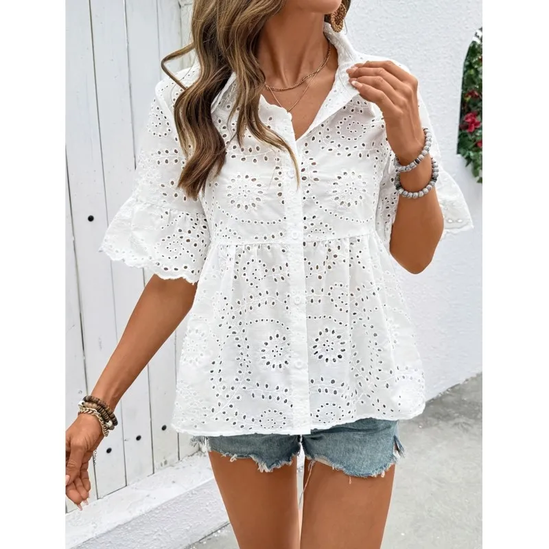 Summer Short Sleeve Hollow Out White Shirt Women Elegant Lace Crochet Tops Fashion Casual Loose Embroidery Shirt Work Blouse
Summer Short Sleeve Hollow Out White Shirt Women Elegant Lace Crochet Tops Fashion Casual Loose Embroidery Shirt Work Blouse