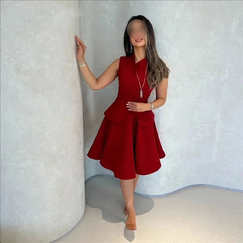 Red Formal Dress Stain O-Neck Party Dress with Pleats Saudi Arabia Tank Sleeveless Occasion Dress فستان سهرة Customized
Red Formal Dress Stain O-Neck Party Dress with Pleats Saudi Arabia Tank Sleeveless Occasion Dress فستان سهرة Customized