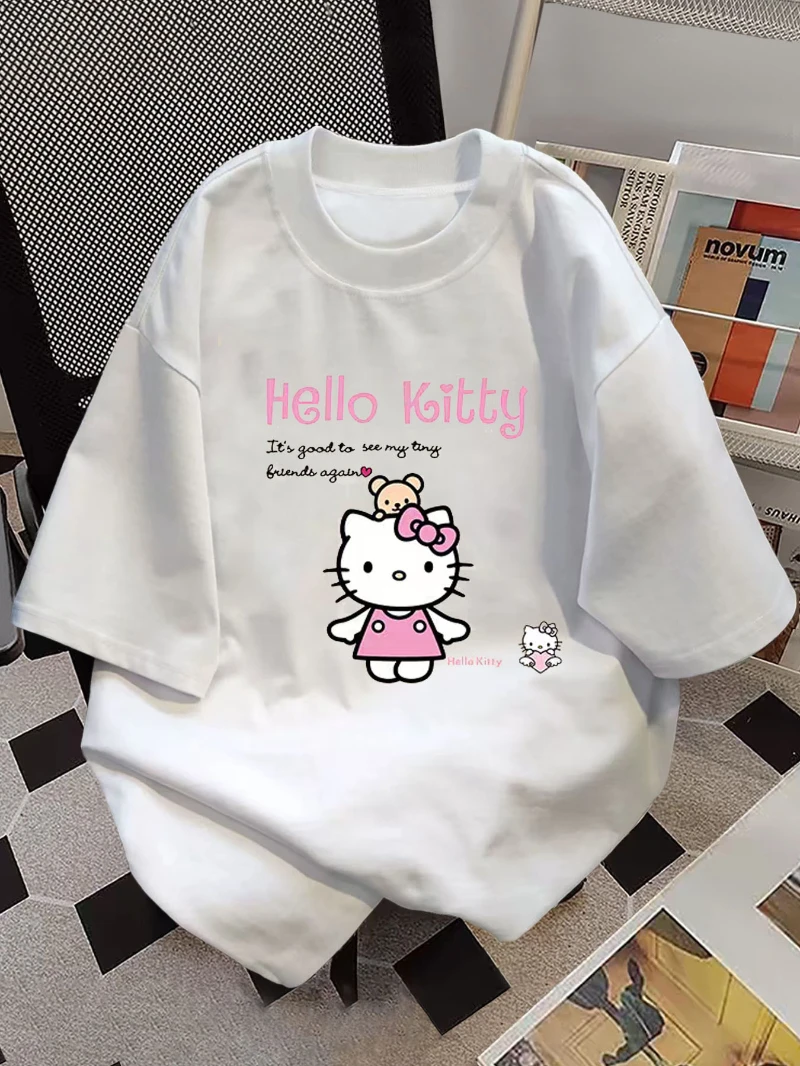 Ladies' Hello Kitty Pattern T-shirt Short Sleeved Top with Pink Bow and Hello Kitty Design Casual Clothing for Spring and Summer
Ladies' Hello Kitty Pattern T-shirt Short Sleeved Top with Pink Bow and Hello Kitty Design Casual Clothing for Spring and Summer