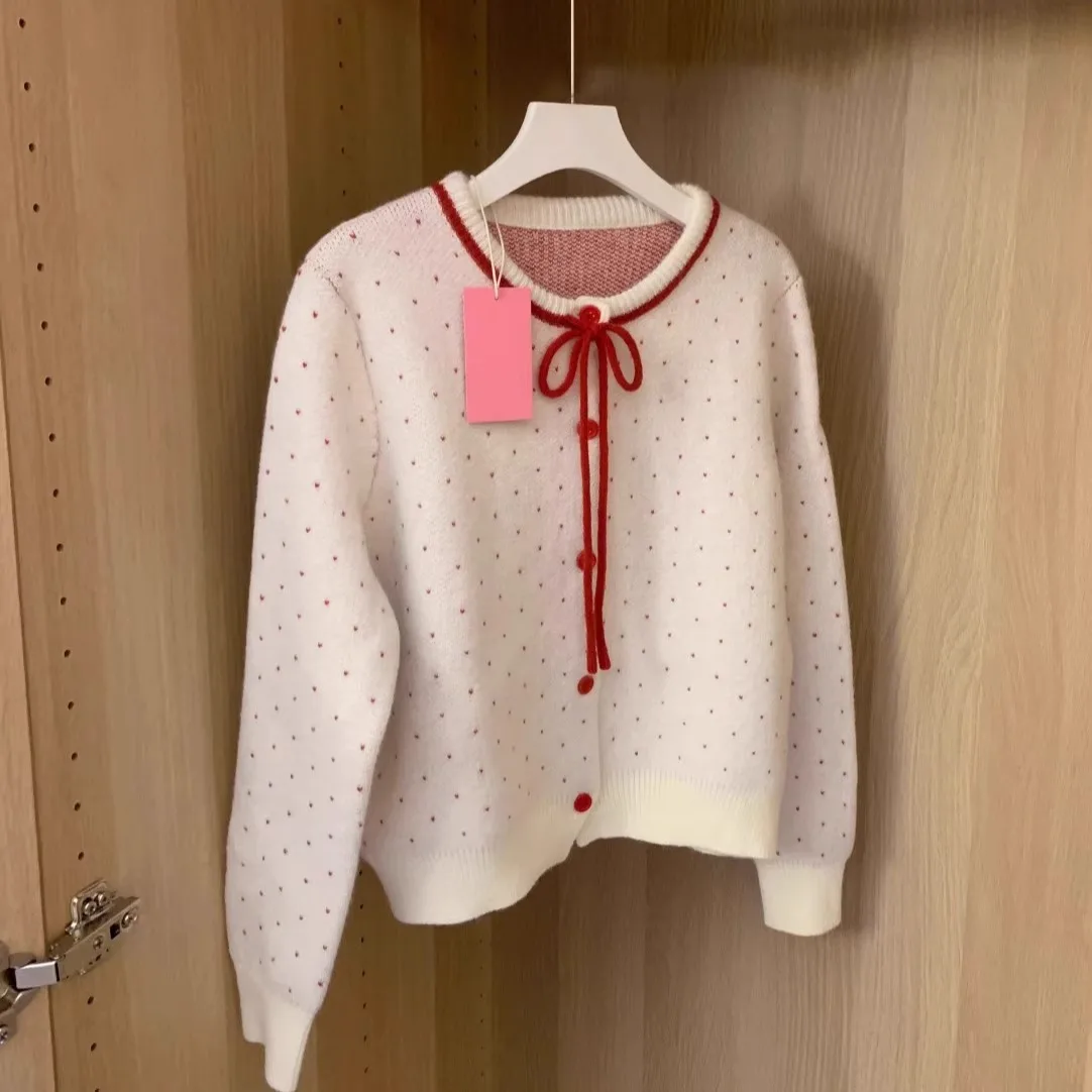 Women's Spring Autumn New Butterfly Knot Sweater Fashionable Top French Polka Dot round Neck Knitted Cardigan Short Style
Women's Spring Autumn New Butterfly Knot Sweater Fashionable Top French Polka Dot round Neck Knitted Cardigan Short Style