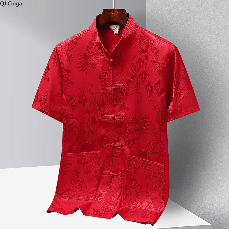 Chinese-style Men Short-sleeved Shirt, Summer Stand-up Collar Single-breasted Shirts, Decorated with Chinese Dragon Patterns.
Chinese-style Men Short-sleeved Shirt, Summer Stand-up Collar Single-breasted Shirts, Decorated with Chinese Dragon Patterns.