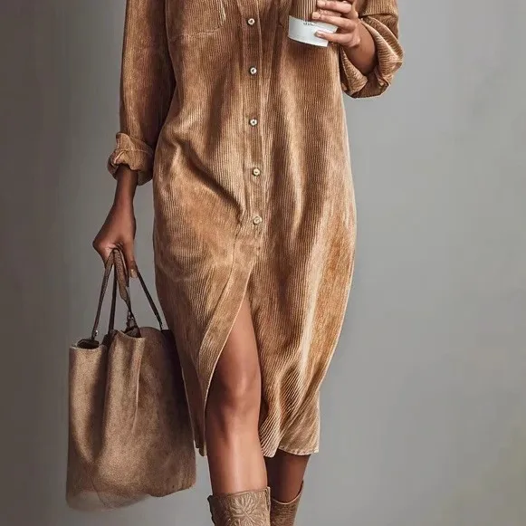 Casual Corduroy Dress Button Front Midi Dresses Tan Corduroy Loose Waist Shirt Dress Brown Corduroy Long Dress with Side Slit
Casual Corduroy Dress Button Front Midi Dresses Tan Corduroy Loose Waist Shirt Dress Brown Corduroy Long Dress with Side Slit
