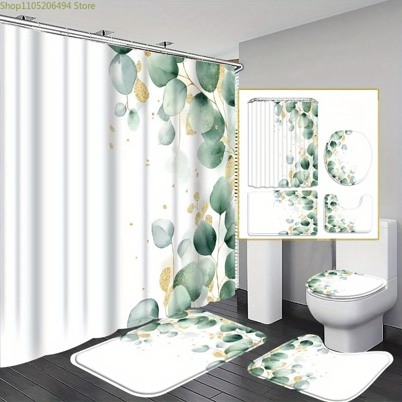 1/3/4pcs Luxury Green & Golden Eucalyptus Shower Curtain Set with Bath Mat, U-Shaped Toilet Lid Cover & 12 Hooks - High Qualit
1/3/4pcs Luxury Green & Golden Eucalyptus Shower Curtain Set with Bath Mat, U-Shaped Toilet Lid Cover & 12 Hooks - High Qualit