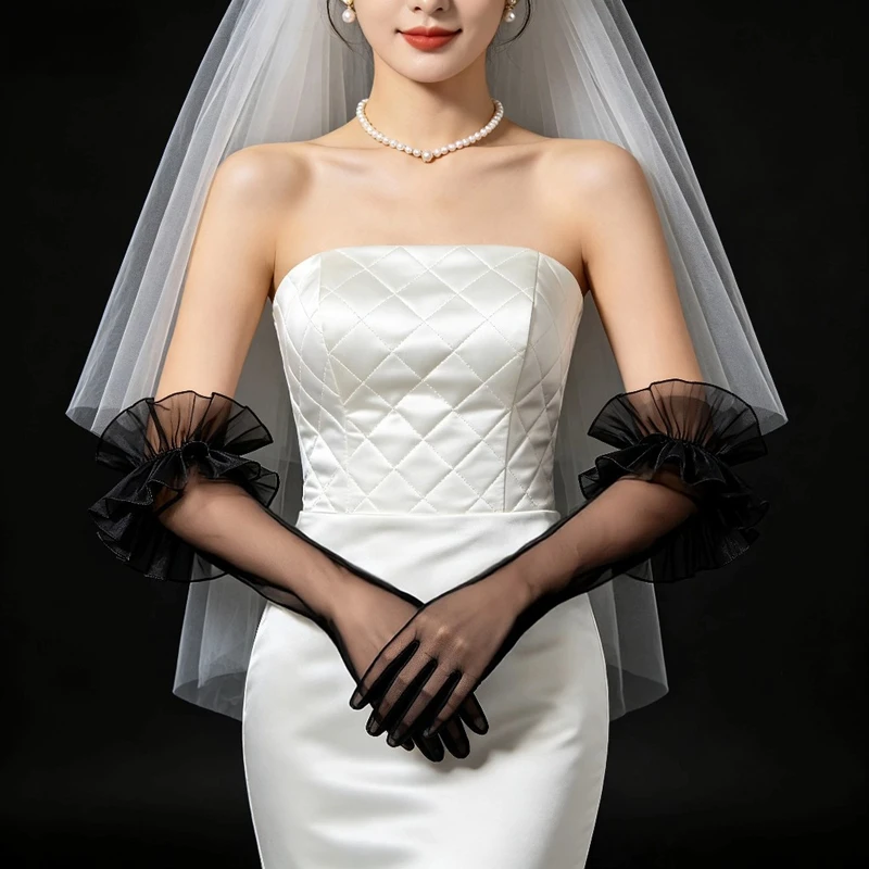 Black Sheer Tulle Long Opera Gloves with Ruffled Cuff Elegant Full Finger Mesh Gloves for Bridal Wedding Evening Party Accessory
Black Sheer Tulle Long Opera Gloves with Ruffled Cuff Elegant Full Finger Mesh Gloves for Bridal Wedding Evening Party Accessory