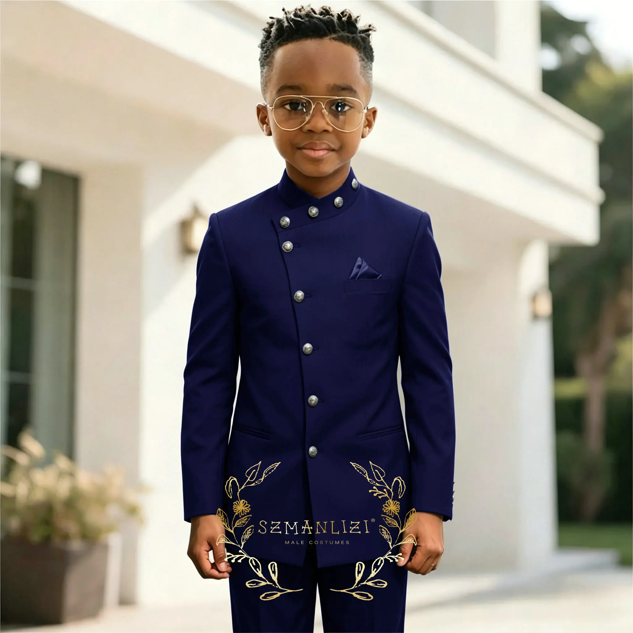 African Style Boys Suit Navy Blue Jacket Pants 2 Piece Set Stand Collar Blazer Wedding Tuxedo Kids Formal Party Dress
African Style Boys Suit Navy Blue Jacket Pants 2 Piece Set Stand Collar Blazer Wedding Tuxedo Kids Formal Party Dress