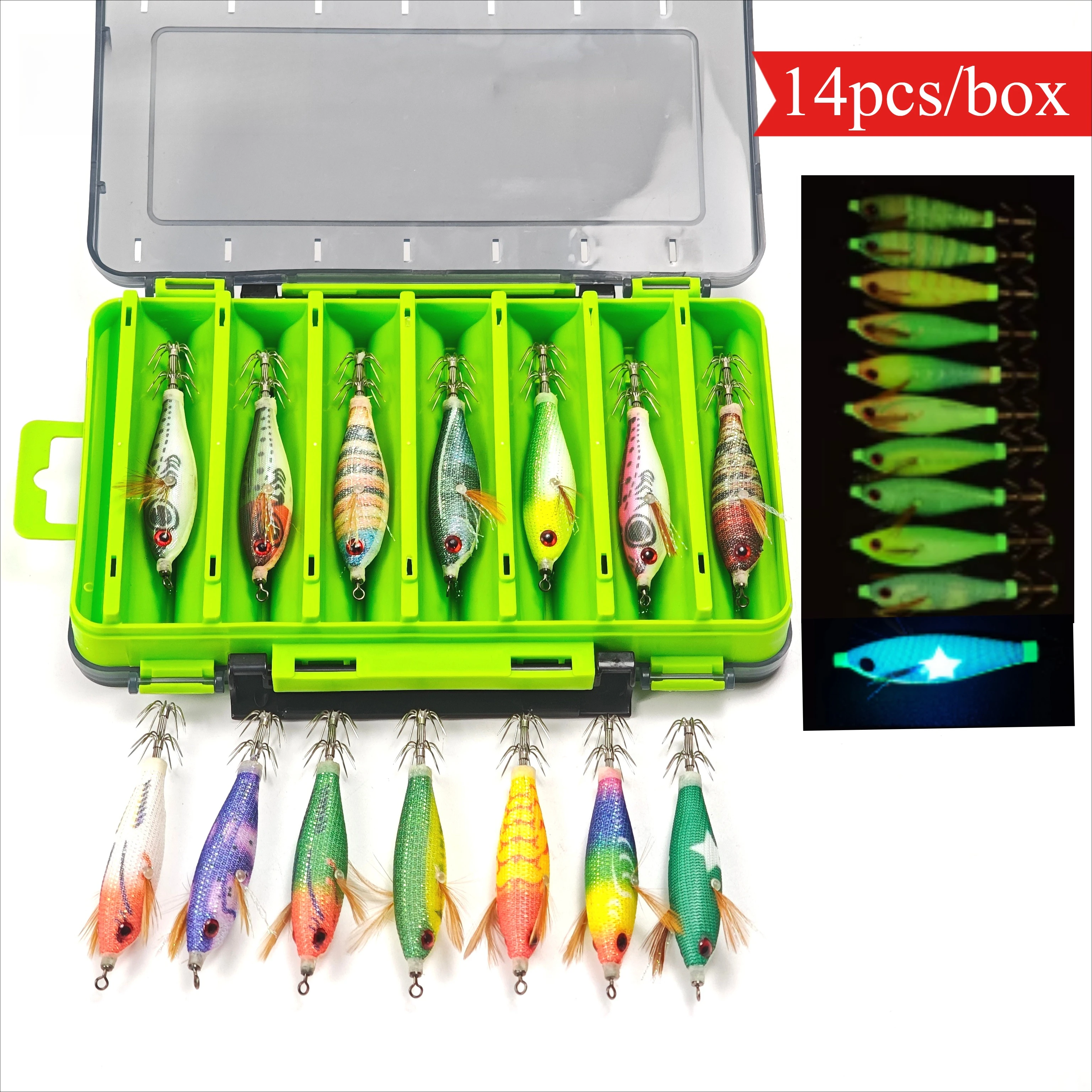 14pcs/box Horizontal Squid Jig Egi Set,Glow in The Dark Squid Jig Kit,Saltwater Wood Shrimp Lures with Storage Box,Sharp Hooks
14pcs/box Horizontal Squid Jig Egi Set,Glow in The Dark Squid Jig Kit,Saltwater Wood Shrimp Lures with Storage Box,Sharp Hooks