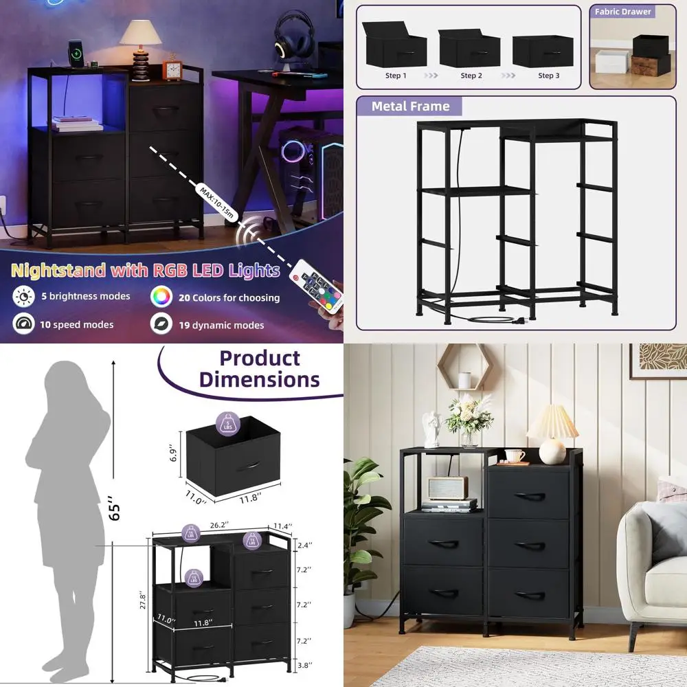 LED Lighted Charging Station Nightstand and 5-Drawer Wide Dresser with Fabric Bins for Bedroom, Kids, Dorm, and Guest Rooms, Bla
LED Lighted Charging Station Nightstand and 5-Drawer Wide Dresser with Fabric Bins for Bedroom, Kids, Dorm, and Guest Rooms, Bla