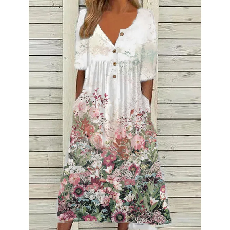 Fashion Printed V-neck Button Short-sleeved Dress Women 2025 Summer Loose Pleated Boho Dress For Women
Fashion Printed V-neck Button Short-sleeved Dress Women 2025 Summer Loose Pleated Boho Dress For Women