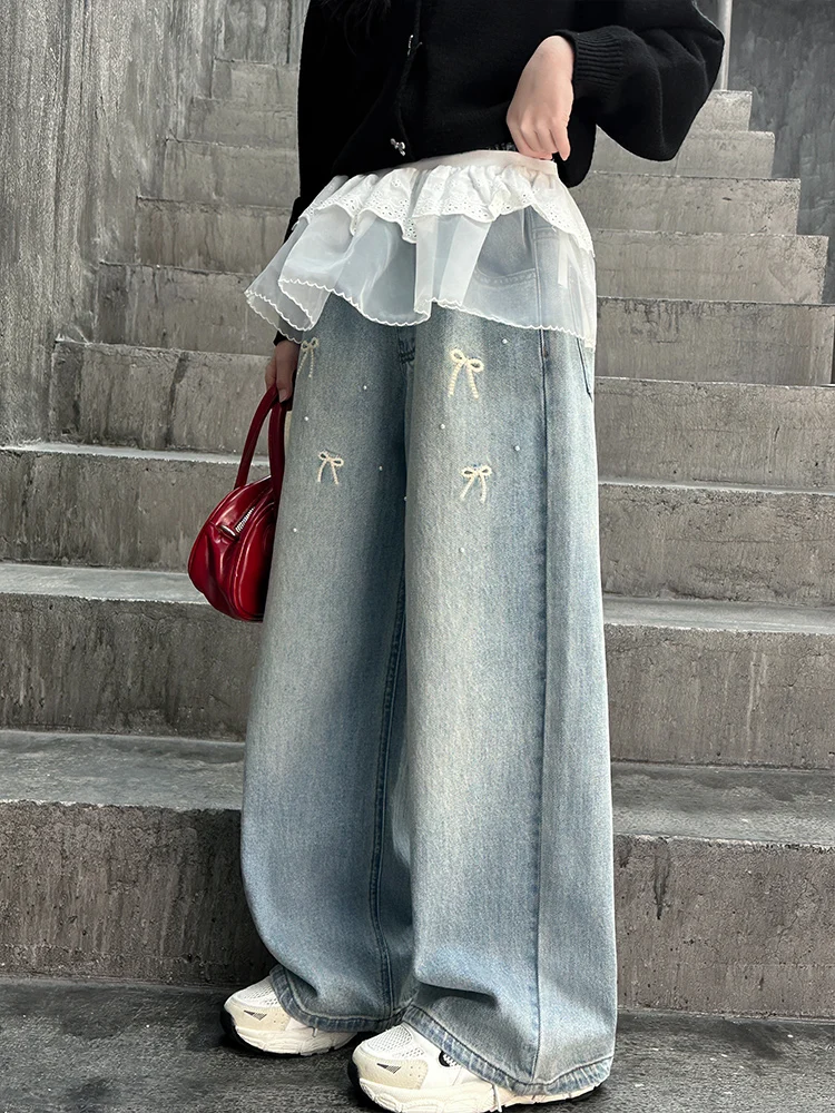 Spring Faion Pearl Wide Leg Jeans Girls Middle School Students Women's Clothing Elastic Waist Lace Decorated Denim Pants
Spring Faion Pearl Wide Leg Jeans Girls Middle School Students Women's Clothing Elastic Waist Lace Decorated Denim Pants