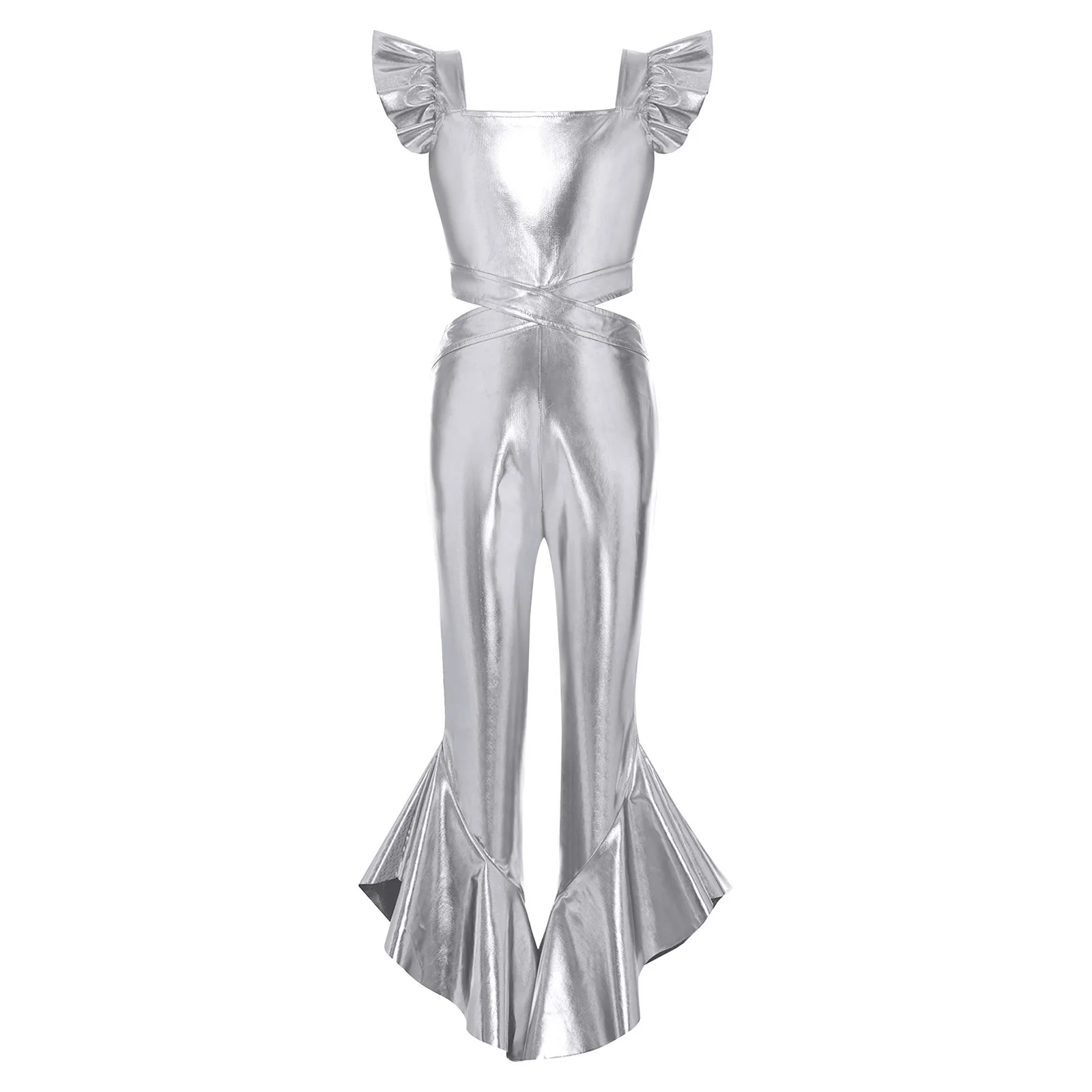 Kids Girls Metallic Flared Rompers Square Neck Waist Sides Hollow Out Ruffled Bell Bottoms Jumpsuit for Stage Jazz Dance
Kids Girls Metallic Flared Rompers Square Neck Waist Sides Hollow Out Ruffled Bell Bottoms Jumpsuit for Stage Jazz Dance