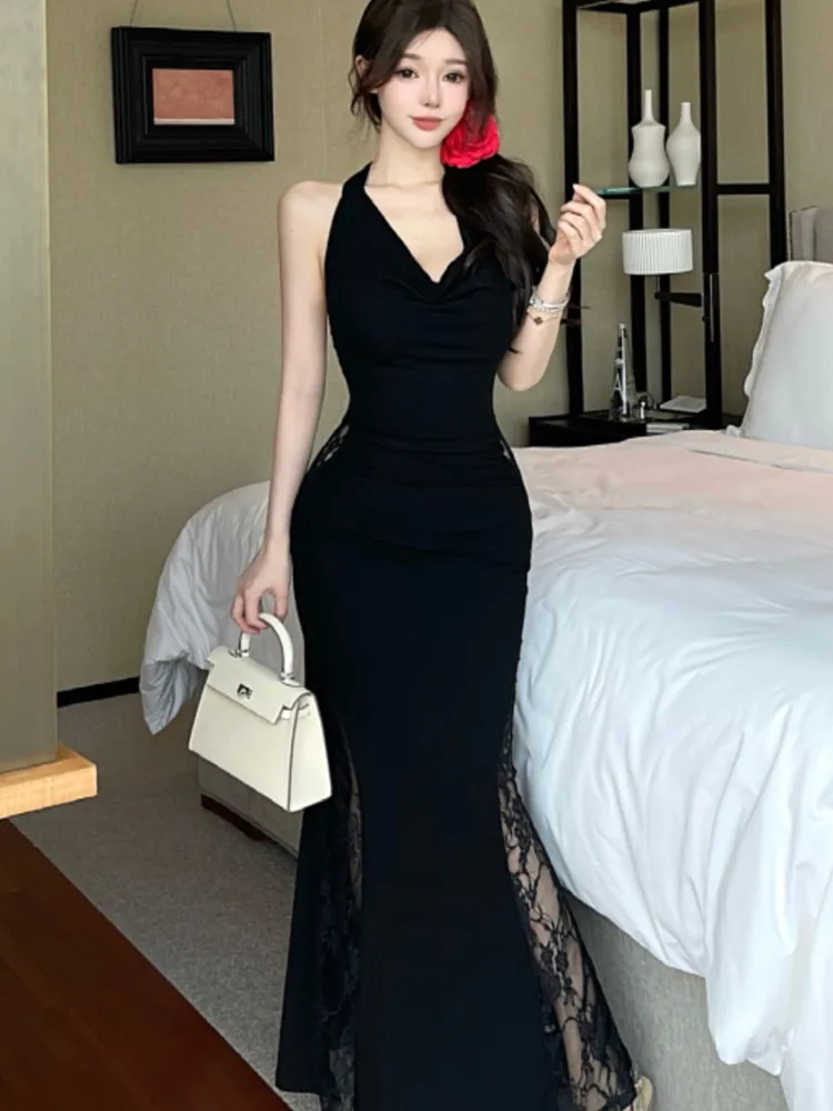 Sexy Black Lace Hollowed Halter Dresses Women Off Shoulder Backless Slim Mermaid Long Dress High Fashion Party Outfits Vestidos
Sexy Black Lace Hollowed Halter Dresses Women Off Shoulder Backless Slim Mermaid Long Dress High Fashion Party Outfits Vestidos
