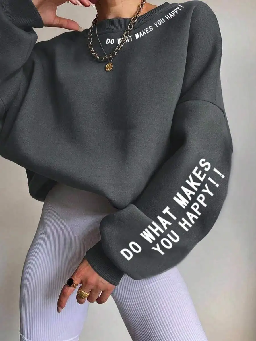 Women's Drop Shoulder Slogan Sweatshirt, 'Do What Makes You Happy' Print, Fall Casual Pullover
Women's Drop Shoulder Slogan Sweatshirt, 'Do What Makes You Happy' Print, Fall Casual Pullover