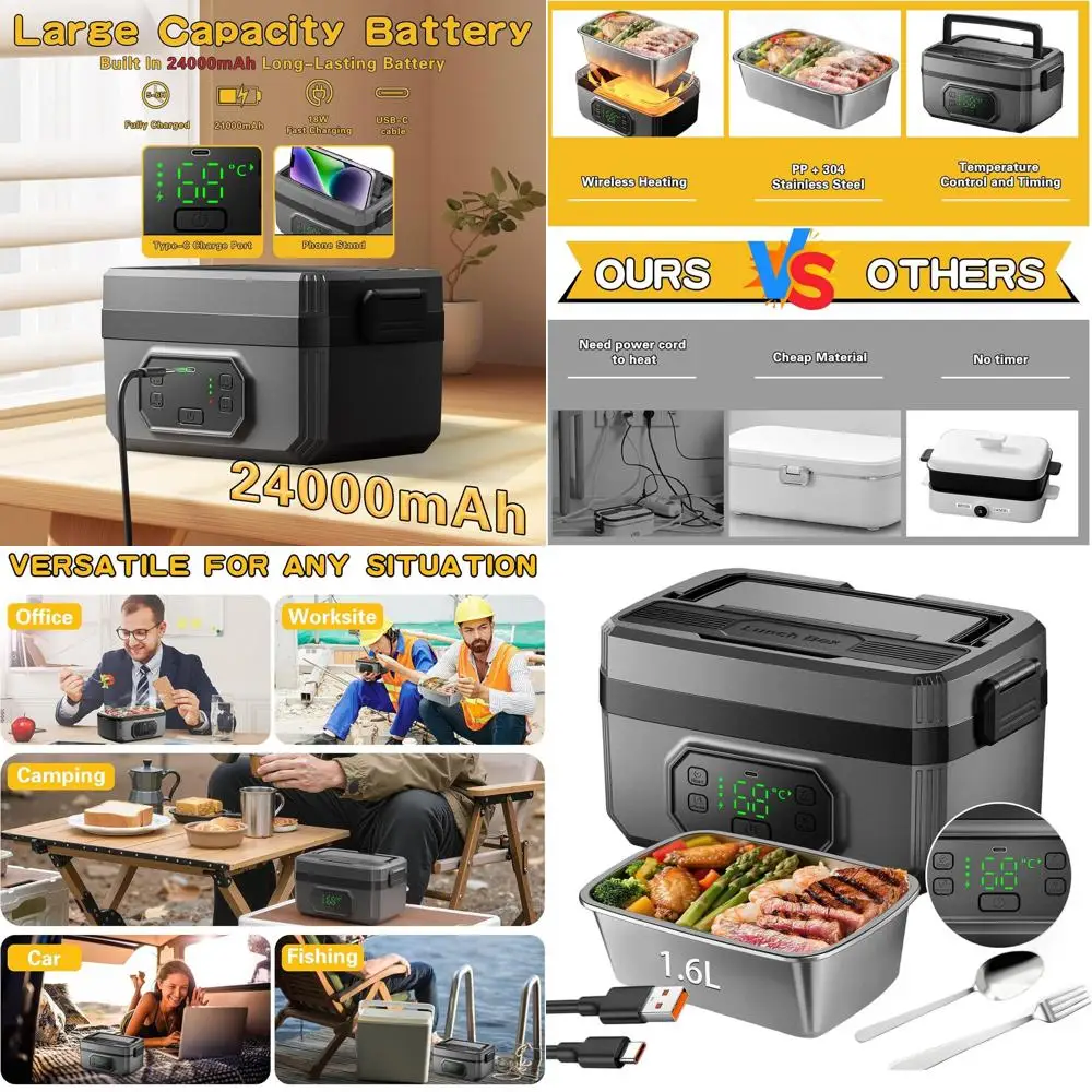 Portable 1.6L Electric Lunch Box, 24000mAh Battery, Cordless Heating for Adults - Ideal for Work and Travel (Black)
Portable 1.6L Electric Lunch Box, 24000mAh Battery, Cordless Heating for Adults - Ideal for Work and Travel (Black)