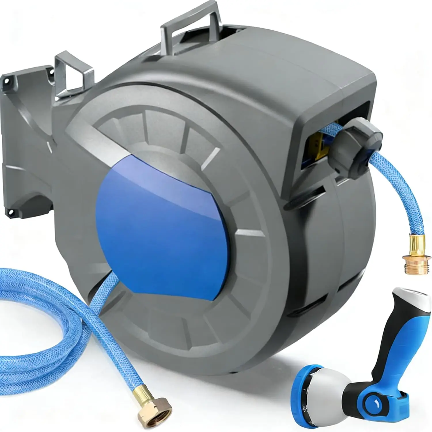 Retractable Garden Hose Reel, 1/2" x 100 ft with Wall Mount, 10 Pattern Nozzle, Auto Rewind & Lock System
Retractable Garden Hose Reel, 1/2" x 100 ft with Wall Mount, 10 Pattern Nozzle, Auto Rewind & Lock System