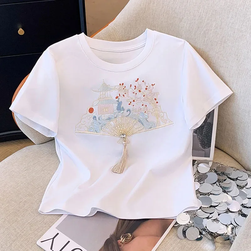 Chinese Style Flower Crop Tops Women T-shirt Loose Short Sleeve Basic Summer Clothes Embroidery Tops Woman O-neck Cotton Tees
Chinese Style Flower Crop Tops Women T-shirt Loose Short Sleeve Basic Summer Clothes Embroidery Tops Woman O-neck Cotton Tees