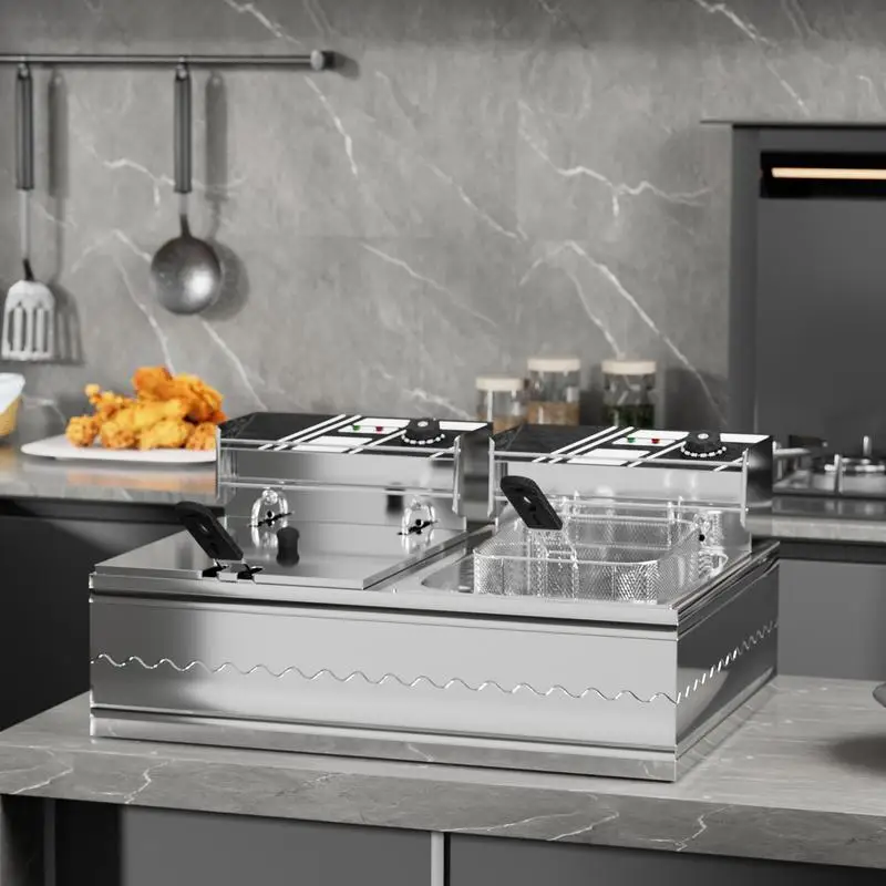 Электрическая фритюрница 22,8QT, две корзины и крышки, коммерческий класс, контроль температуры, нержавеющая сталь, настольная фритюрница мощностью 5000 Вт для
Электрическая фритюрница 22,8QT, две корзины и крышки, коммерческий класс, контроль температуры, нержавеющая сталь, настольная фритюрница мощностью 5000 Вт для