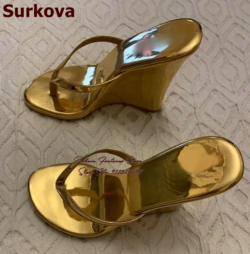 Surkova Gold Shiny Mirror Leather Wedge Heel Flip Flops Sky High Heels Slip-On Sandals Women Elegant Modern Slippers Dress Mules
Surkova Gold Shiny Mirror Leather Wedge Heel Flip Flops Sky High Heels Slip-On Sandals Women Elegant Modern Slippers Dress Mules