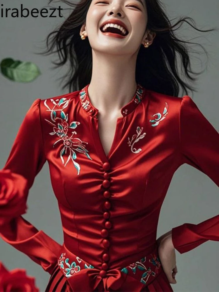 Chinese New Year Red Blouse Women's Floral Print Long Sleeve Shirt Ruffled Tops Elegant Zodiac Year Fashion Autumn Casual
Chinese New Year Red Blouse Women's Floral Print Long Sleeve Shirt Ruffled Tops Elegant Zodiac Year Fashion Autumn Casual