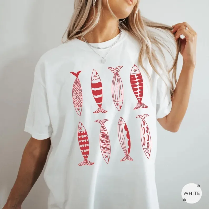 Sardines Graphic Tops Italian Tinned Fish Print Women's Casual T-Shirt Short Sleeve Cotton Tshirt Vintage Female Clothing Y2K
Sardines Graphic Tops Italian Tinned Fish Print Women's Casual T-Shirt Short Sleeve Cotton Tshirt Vintage Female Clothing Y2K