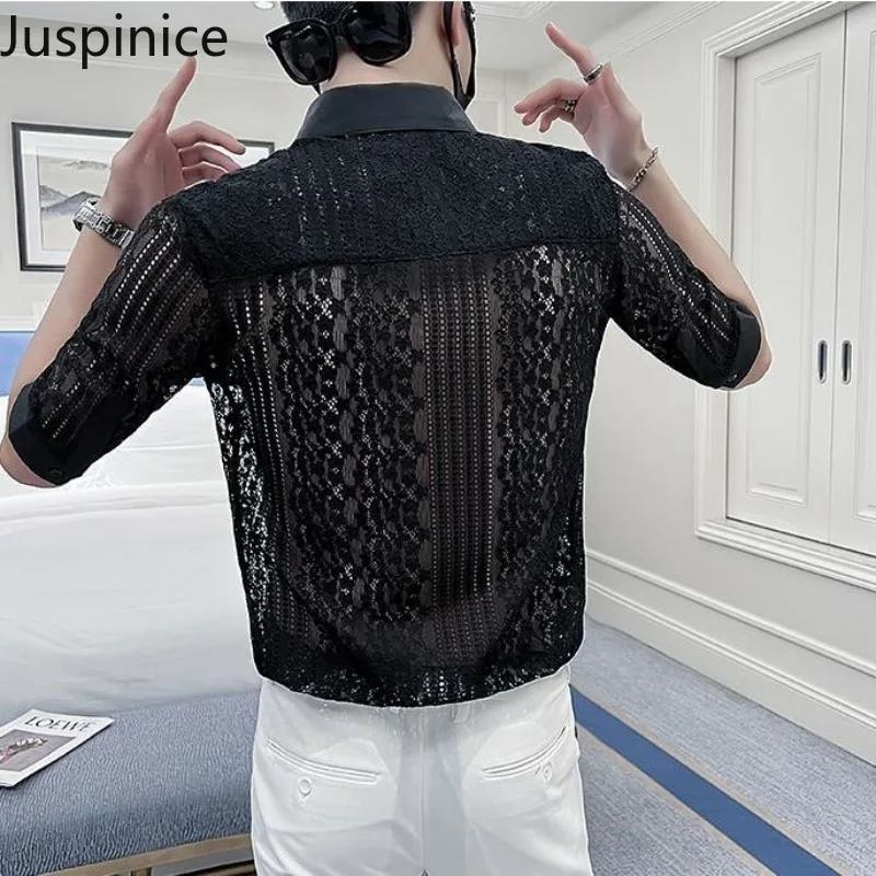 Juspinice кружевная ажурная рубашка с короткими рукавами, повседневная летняя рубашка с рукавом пять четвертей, индивидуальный мужской модный топ, мужская одежда 
Juspinice кружевная ажурная рубашка с короткими рукавами, повседневная летняя рубашка с рукавом пять четвертей, индивидуальный мужской модный топ, мужская одежда