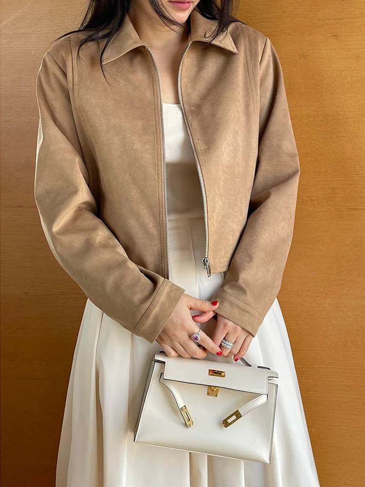 Замшевое пальто, женская зимняя куртка, свободная куртка с длинным рукавом и открытой передней молнией, повседневная шикарная верхняя одежда, осенняя мода 
Замшевое пальто, женская зимняя куртка, свободная куртка с длинным рукавом и открытой передней молнией, повседневная шикарная верхняя одежда, осенняя мода