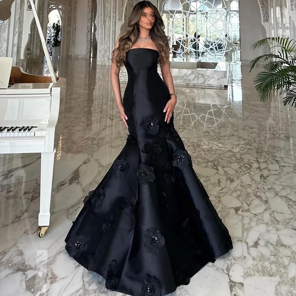 Flechazo Classic Black Mermaid Evening Dress Strapless Satin with 3D Flowers Floor Length Sleeveless Formal Party Gowns Custom
Flechazo Classic Black Mermaid Evening Dress Strapless Satin with 3D Flowers Floor Length Sleeveless Formal Party Gowns Custom