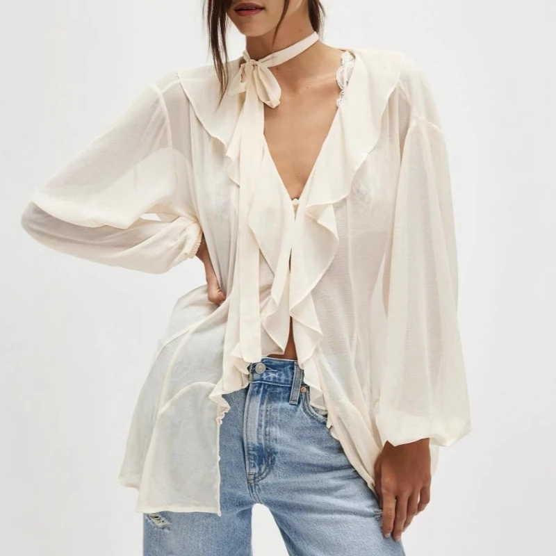 Summer Women'S Solid V-Neck Sexy Perspective Strap Ruffled Flared Sleeve Chiffon Shirt Tierred Sheer Office Lady Spring Commute
Summer Women'S Solid V-Neck Sexy Perspective Strap Ruffled Flared Sleeve Chiffon Shirt Tierred Sheer Office Lady Spring Commute