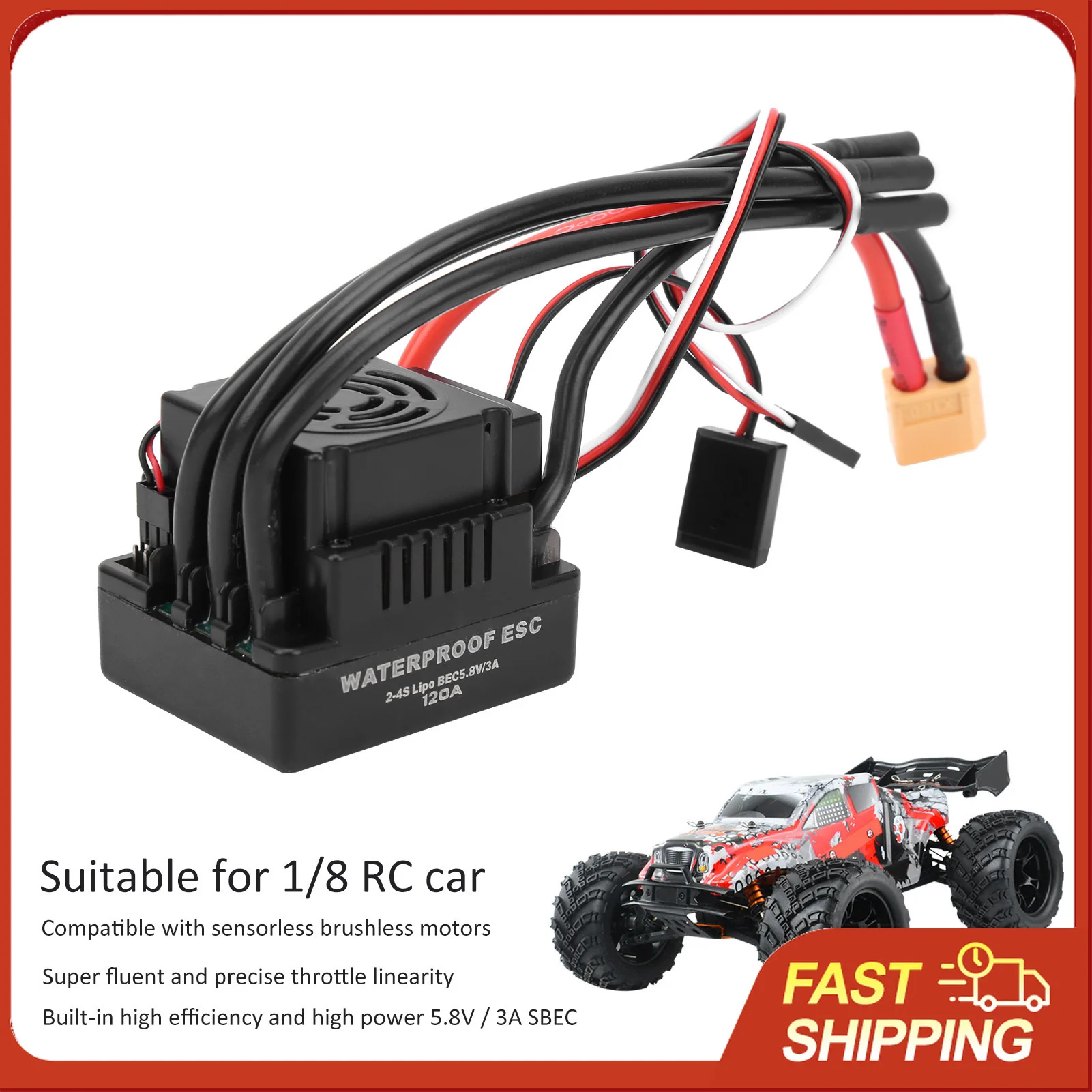 120A Brushless ESC for 1/8 RC Car, 2S LiPo with 5.8V/3A SBEC & Cooling Fan, Programmable
120A Brushless ESC for 1/8 RC Car, 2S LiPo with 5.8V/3A SBEC & Cooling Fan, Programmable