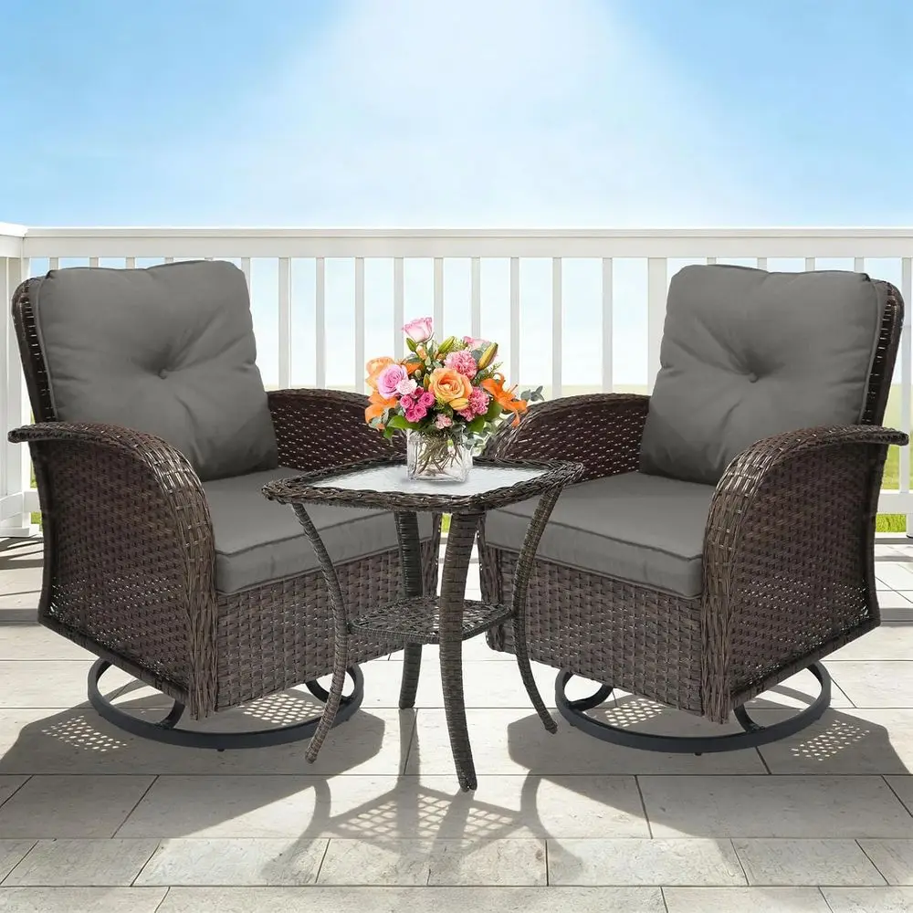 3-Piece Outdoor Patio Furniture Set with Swivel Rocker Chairs, Cushions, and Side Table in Gray
3-Piece Outdoor Patio Furniture Set with Swivel Rocker Chairs, Cushions, and Side Table in Gray