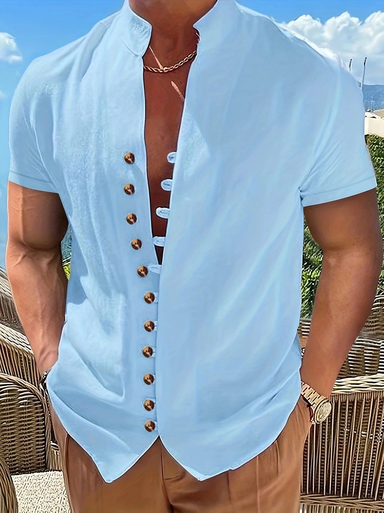 Tiki Summer Solid Color Simple Linen multi-button Cool Breathable Comfortable Standing Collar Short Sleeve Men's Shirt
Tiki Summer Solid Color Simple Linen multi-button Cool Breathable Comfortable Standing Collar Short Sleeve Men's Shirt