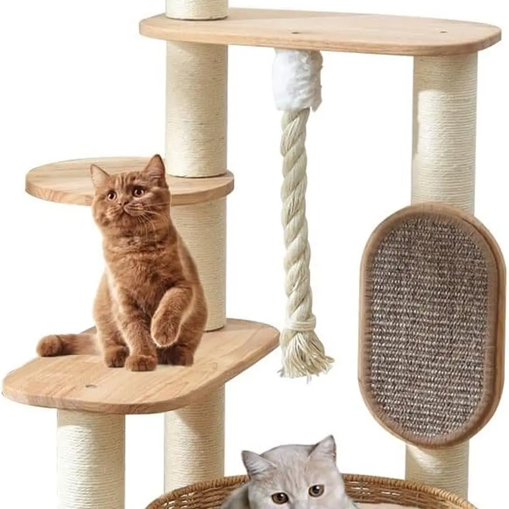 49.6 Tall Wooden Cat Tower with Multi-Level Condo, Scratching Post, and Hand-Woven Bed for Large Indoor Cats
49.6 Tall Wooden Cat Tower with Multi-Level Condo, Scratching Post, and Hand-Woven Bed for Large Indoor Cats