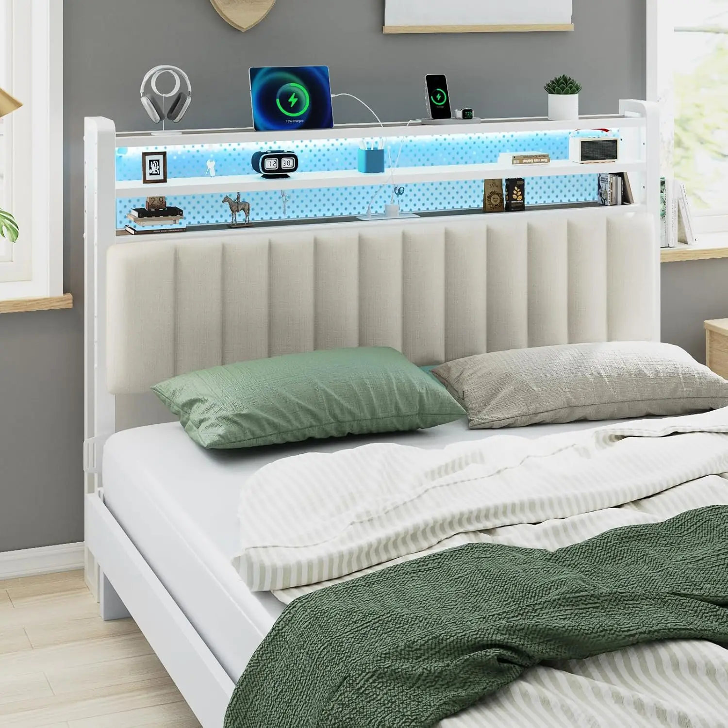 King Size Headboard with Shelf, Adjustable Upholstered Headboards with Storage, 3 Tier Shelves and LED Lights,, Customized
King Size Headboard with Shelf, Adjustable Upholstered Headboards with Storage, 3 Tier Shelves and LED Lights,, Customized