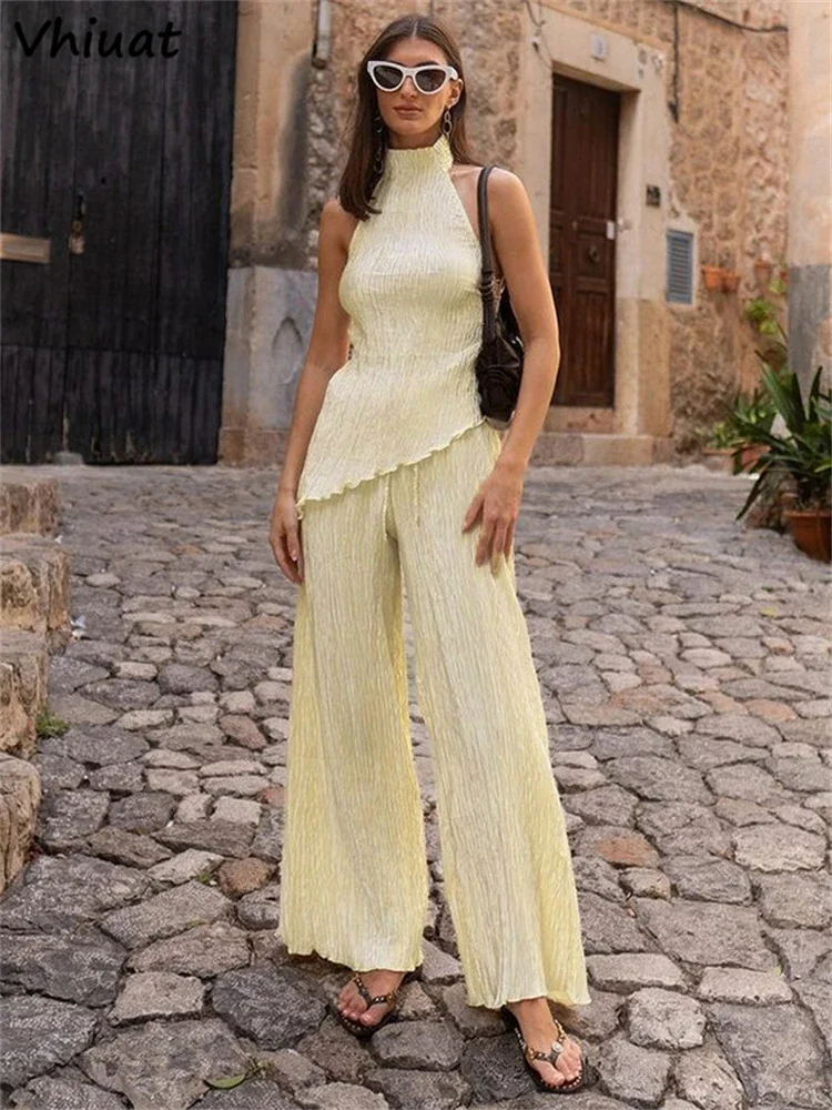 Vhiuat 2024 Summer Fashion Holiday Pleated Sexy 2 Piece Pants Set Sleeveless Crop Tops Wide Leg Pants Party Club Chic Outfits
Vhiuat 2024 Summer Fashion Holiday Pleated Sexy 2 Piece Pants Set Sleeveless Crop Tops Wide Leg Pants Party Club Chic Outfits
