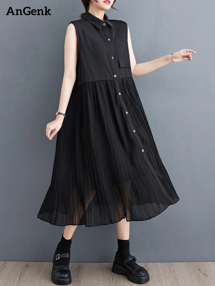 2023 Summer New Korean Fashion Sleeveless Pleated Dresses For Women Loose Casual Vintage Midi Shirt Dress Robe Elegant Clothes
2023 Summer New Korean Fashion Sleeveless Pleated Dresses For Women Loose Casual Vintage Midi Shirt Dress Robe Elegant Clothes