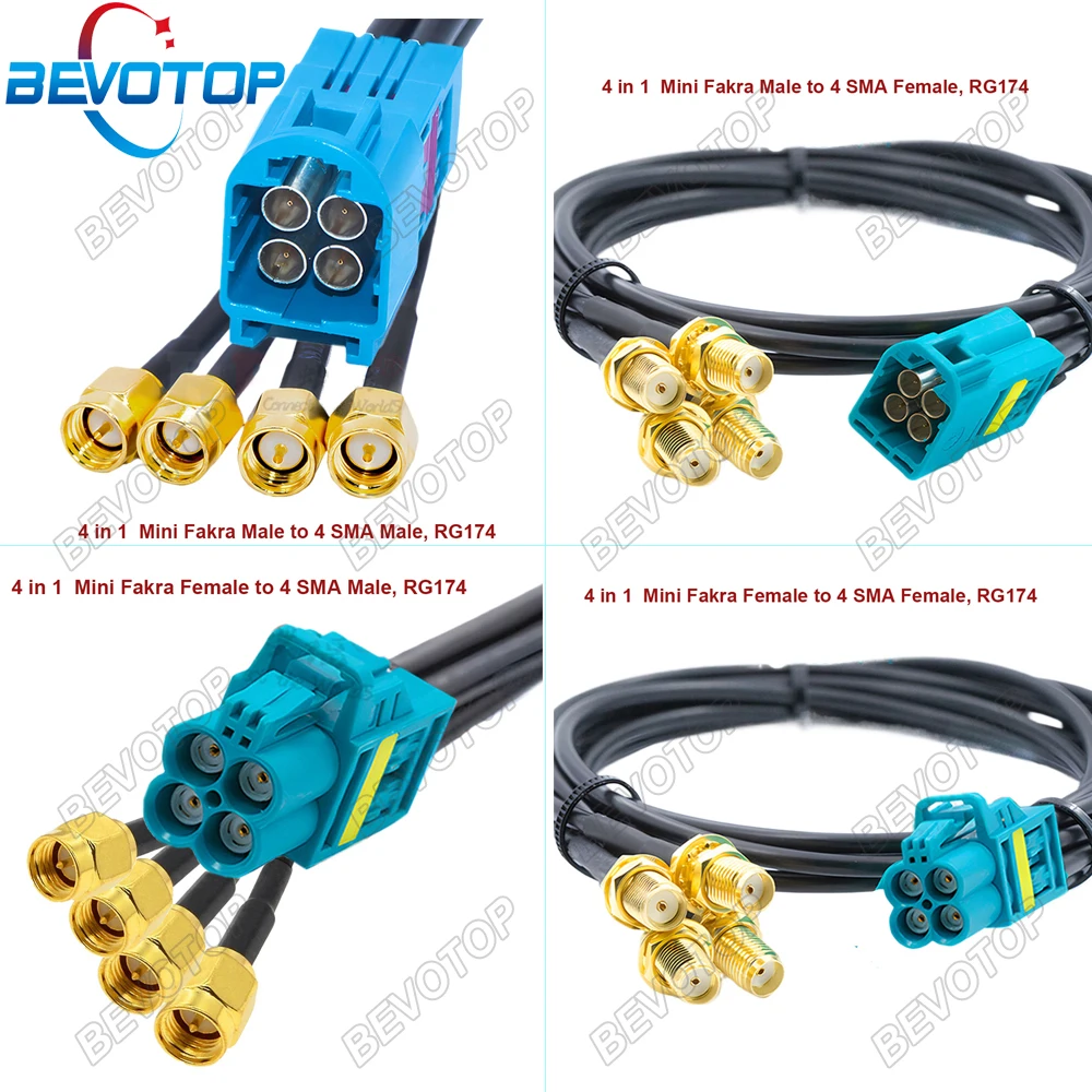 BEVOTOP RSBG Type 4-in-1 MINI FAKRA to 4 SMA Male/Female connector RG174 coaxial cable 50 Ohm High Quality
BEVOTOP RSBG Type 4-in-1 MINI FAKRA to 4 SMA Male/Female connector RG174 coaxial cable 50 Ohm High Quality