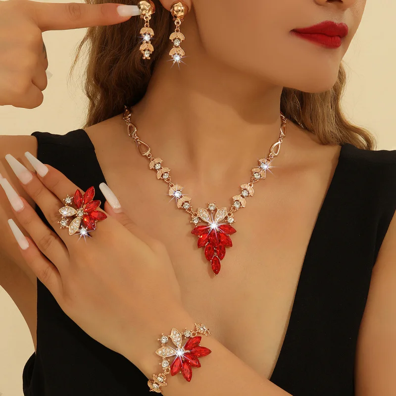 Fashion Red with Diamonds Horse Eye Necklace Earring Ring Bracelet Four-Piece Set Ornament Women's Wedding Beads
Fashion Red with Diamonds Horse Eye Necklace Earring Ring Bracelet Four-Piece Set Ornament Women's Wedding Beads