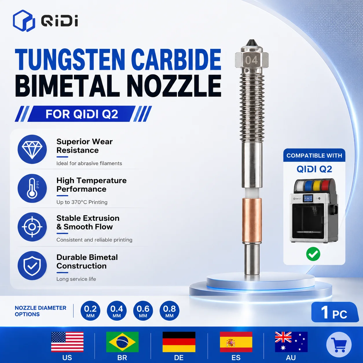 Original QIDI Q2 Tungsten Carbide Bimetal Nozzle (1PC) | Wear Resistant High Temp Nozzle for QIDI Q2 3D Printer
Original QIDI Q2 Tungsten Carbide Bimetal Nozzle (1PC) | Wear Resistant High Temp Nozzle for QIDI Q2 3D Printer