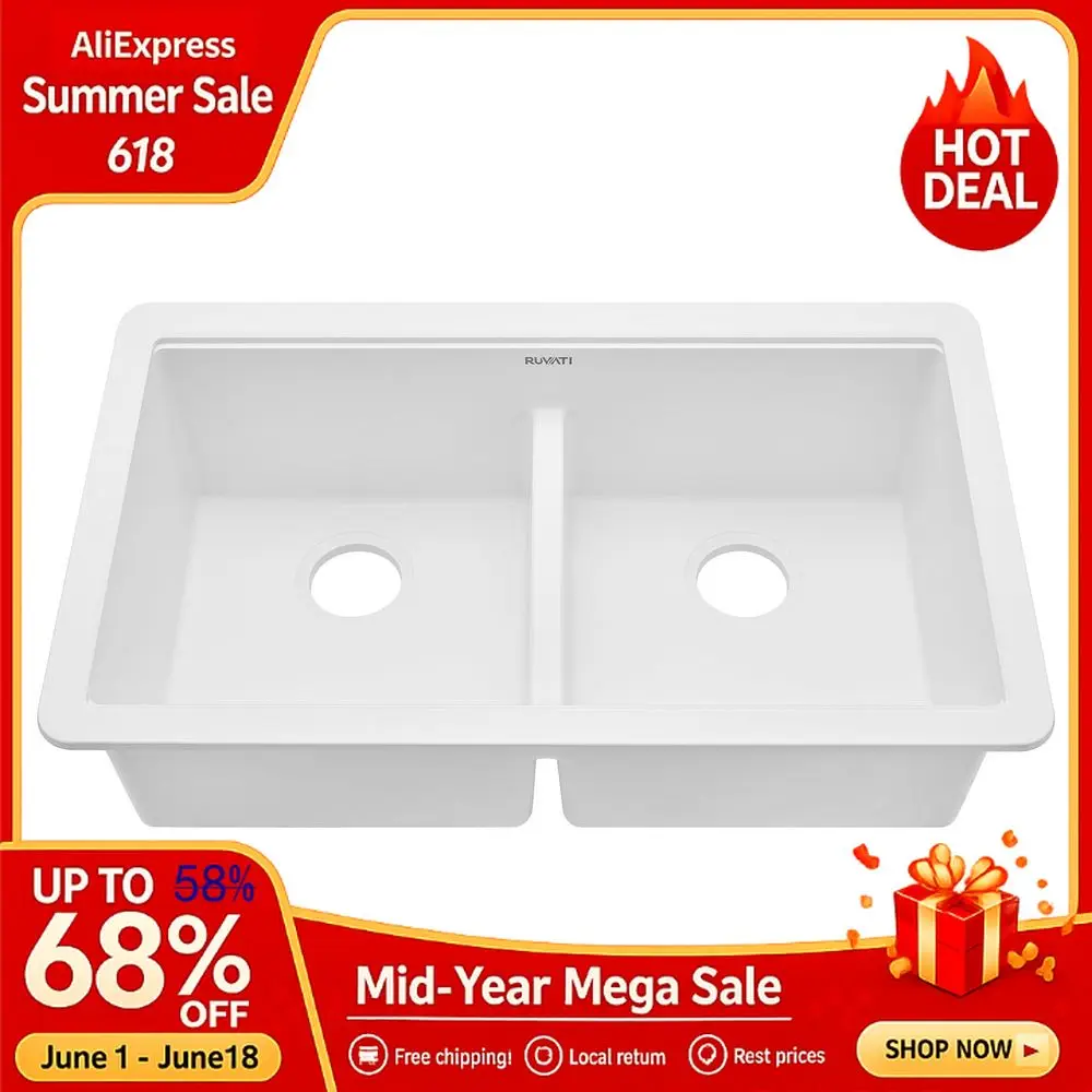33 x 19 inch Granite Composite Quartz Undermount Double Bowl Low Divide Kitchen Sink Arctic White RVG2385WH, Custom
33 x 19 inch Granite Composite Quartz Undermount Double Bowl Low Divide Kitchen Sink Arctic White RVG2385WH, Custom